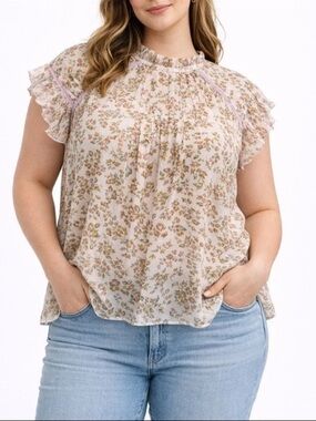 Nanette Lepore Pink Green Leopard Print Ruffle Sleeve Blouse XL Top